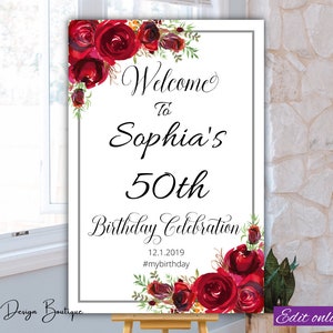 Cartel de bienvenida del 50.o cumpleaños Cartel del cumpleaños del 80.o con rosas rojas Plantilla de signo de bienvenida del 40.o 60.o 70.o cumpleaños Cartel de bienvenida para la fiesta de 30.o cumpleaños