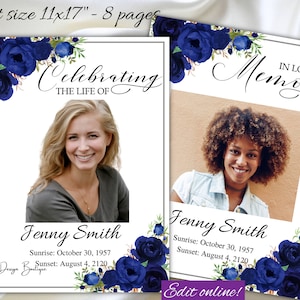 Navy Blue Flowers Funeral Program Obituary Template Ledger Obituary Memorial Service Program Silver Memory Obituary Roses Tabloid,1-003f