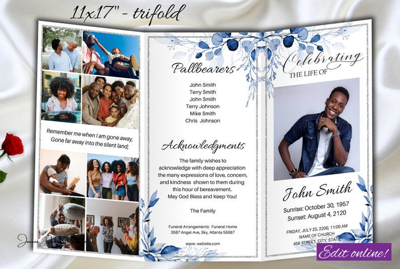 Blue Funeral Program Template Trifold Navy Blue Memorial Etsy