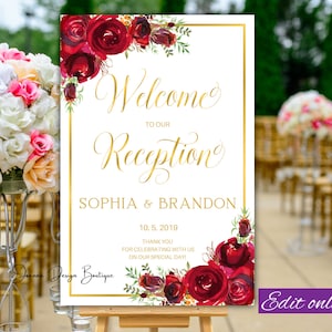 Red Roses Wedding Reception Sign Red Roses Wedding Welcome Sign Gold Welcome to our Reception Sign Red Roses Wedding Reception sign,16