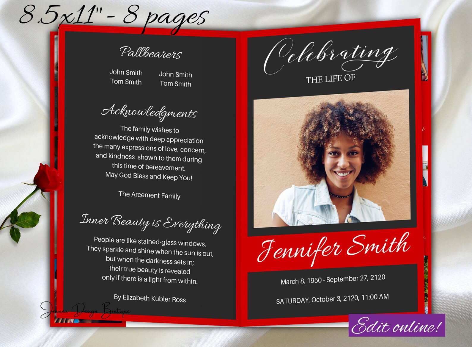 Funeral Program Template Red Grey 8 Pages Funeral Program for Etsy