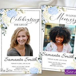 Hydrangeas Funeral Program Template for Women Blue White Flowers Funeral Program Floral Memorial Service Program Obituary Program Celebratio