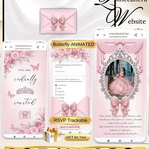 May include: A digital Quinceanera website template displayed on three mobile screens, featuring a pink color palette, floral accents, a tiara graphic, and an envelope icon with a bow. The interface includes RSVP forms, music controls, and event details.