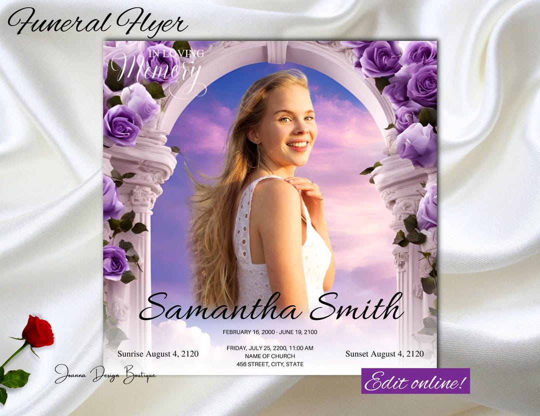 Purple Roses Funeral Announcement Flyer Memorial Invitation White Roses ...