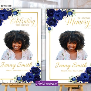 Funeral Welcome Sign Navy Blue Funeral Welcome Sign Poster Template for Women Blue Flowers Female Memorial Sign Poster Celebration of Life