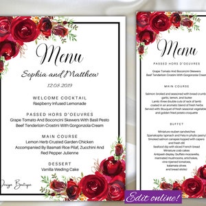 Red roses wedding menu card template tea length red flowers wedding menus cards floral red roses menus cards floral menus card template,16