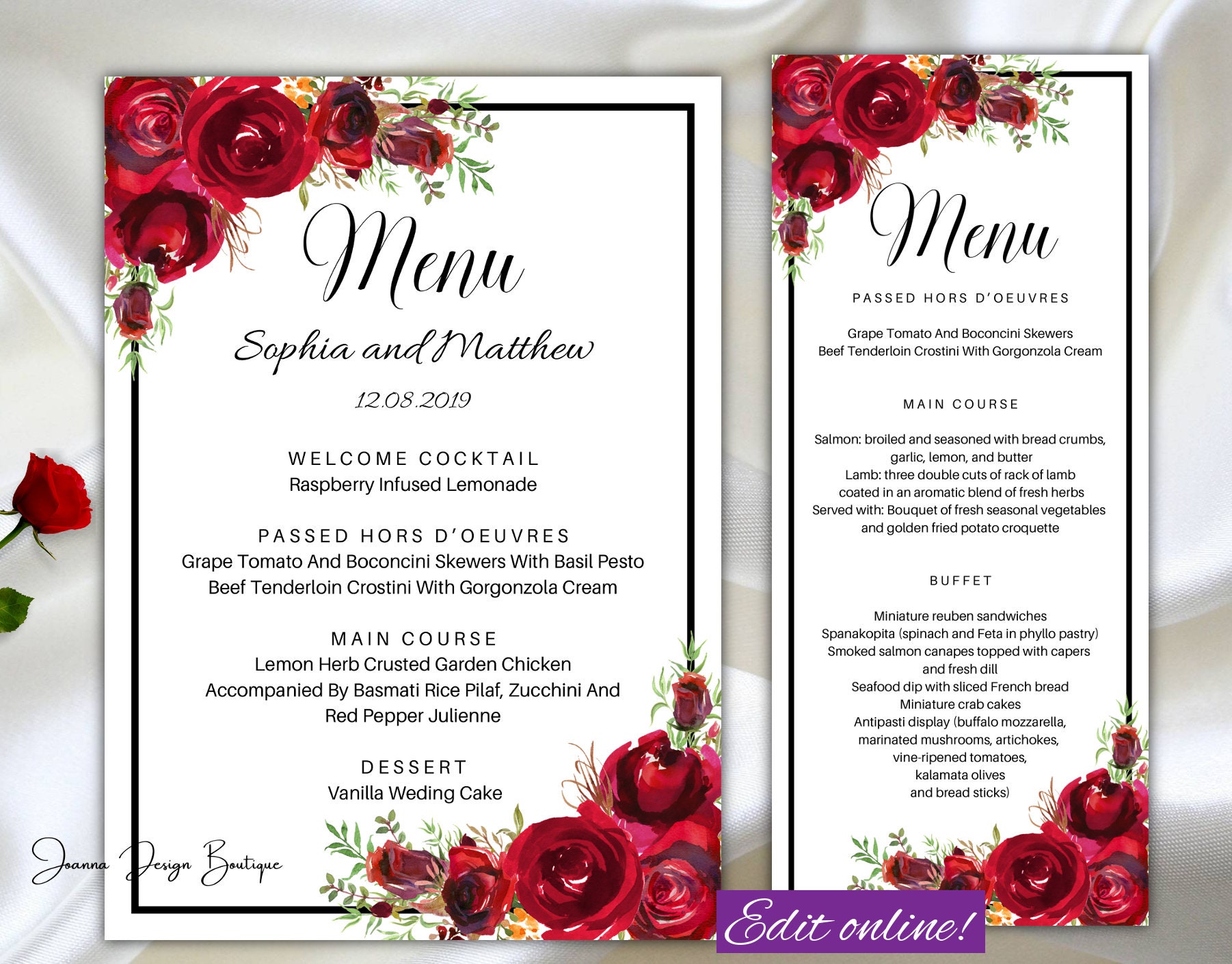 Red roses wedding menu card template tea length red flowers - Etsy España