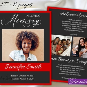 Red Gray Funeral Program Template 11x17" 8 Pages Male Woman Red Gray Memorial Service Program Memory Obituary Order of Service Ledger Tabloi