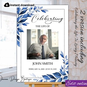 Memorial Sign Funeral Sign Blue Funeral Welcome Sign Poster Template Funeral Sign for Man Men Memorial Service Sign Poster Order of Service