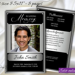 Black Silver Obituary Program template 8 pages Silver Funeral Program for Man Men Memory Program Order of Service Memorial Service,1-005f