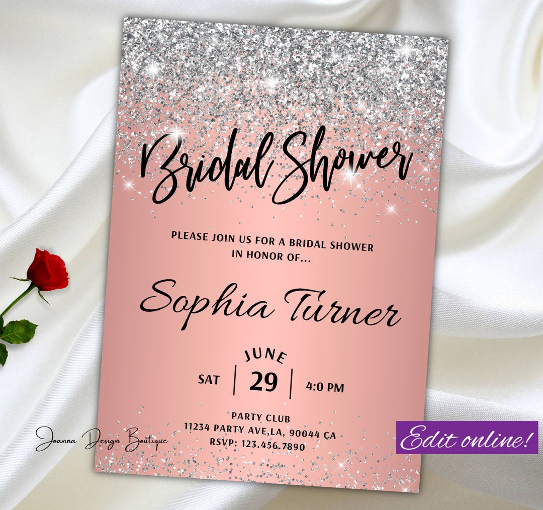 Rose Gold Bridal Shower Invitation Silver Glitter Bridal Shower Invite