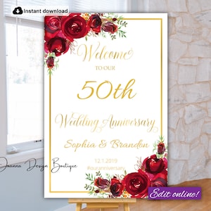 50th Anniversary Welcome Sign 50th Anniversary Poster 40th Anniversary Sign Template 30 50 Anniversary Decoration Red Roses Anniversary sign