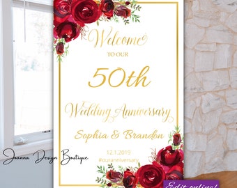 50th Anniversary Welcome Sign 50th Anniversary Poster 40th Anniversary Sign Template 30 50 Anniversary Decoration Red Roses Anniversary sign