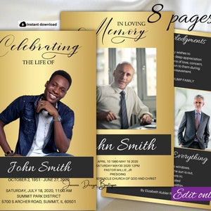 Gold Funeral Program 8 pages Black Gold Obituary Template for Man Men Gold Memory Program Memorial Service Obituary Order of Service , 174f