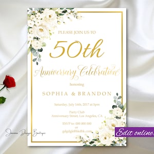 White Roses Anniversary Invitation White Roses Anniversary Invite White Gold Roses Wedding Anniversary Invitation White Roses invitatio, 123
