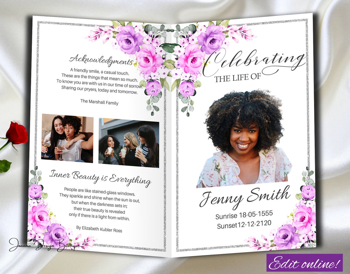Purple Funeral Program Purple Pink Flower Obituary Template Etsy Ireland