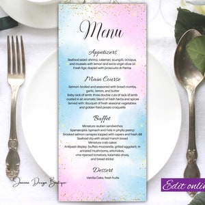 Plantilla de tarjeta de menú azul rosa Tarjeta de menú de baby shower Tarjeta de menú de brillo dorado rosa Tarjeta de menú de ducha dorada Menú de glamour Menú de revelación de género,0-012ot