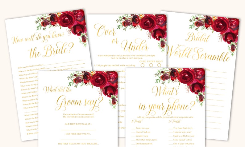 Bridal Shower games bundle Bridal Shower games package Red roses Bridal Shower games bundle gold Bridal shower games printable games set,16
