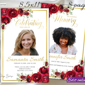May include: Two 8.5x11 inch memorial program templates with red floral borders and gold accents. The templates feature photos of two people and text that reads "Celebrating the Life of Samanta Smith" and "In Loving Memory Jennifer Smith".