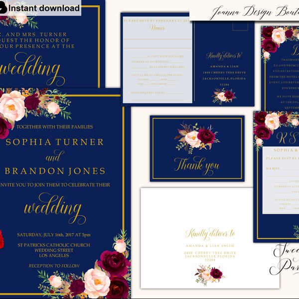 Navy and Burgundy Wedding Invitation - Etsy