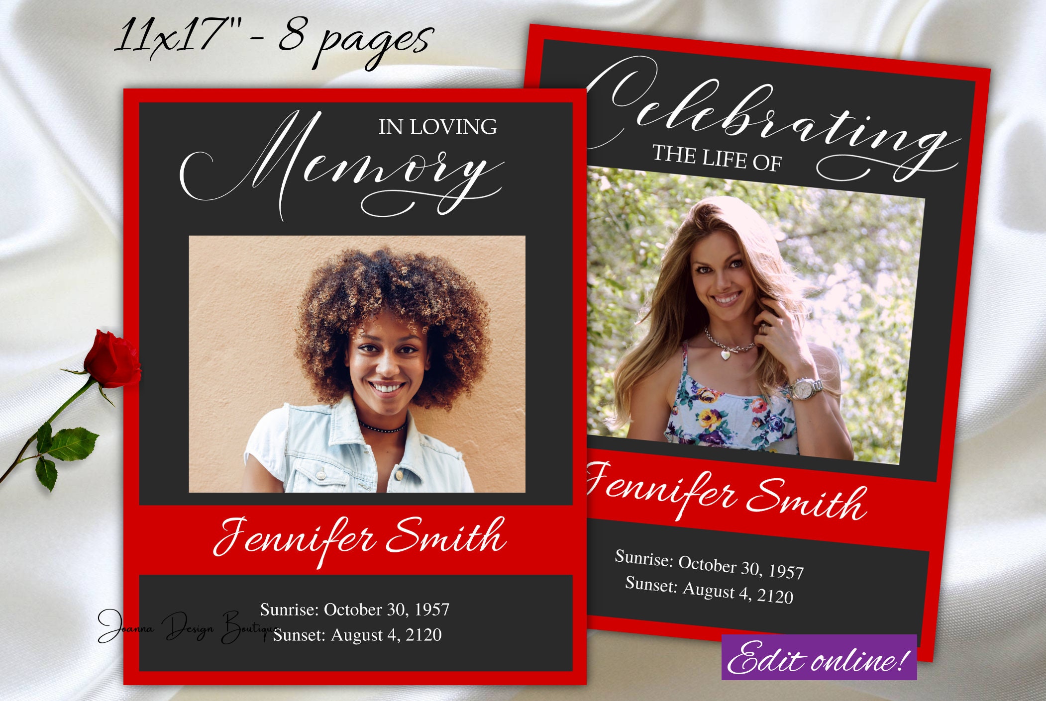 Red Gray Funeral Program Template 11x17