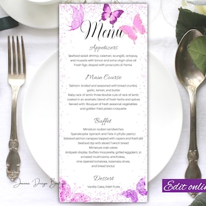 Plantilla de Tarjeta de Menú de Mariposas Tarjeta de Menú de Mariposas Púrpuras Rosadas Tarjeta de Menú de Brillo Rosa Púrpura Menú Glamour Tarjeta de Menú de Fiesta de Cumpleaños,0-008ot