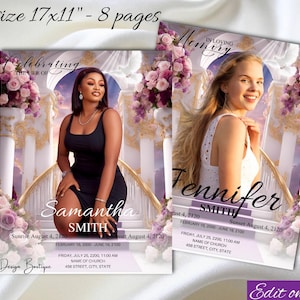 May include: Two memorial templates for a funeral program. The templates feature a photo of a woman in a white dress and a woman in a black dress. The text on the templates includes the names "Samantha Smith" and "Jennifer Smith", dates, and the phrase "In Loving Memory".
