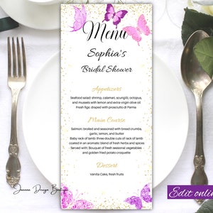 Butterfly Menu Card Template Pink Purple Butterflies Menu Card Pink Purple Gold Glitter Menu Card Glamour Menu Birthday Party Menu,0-009ot