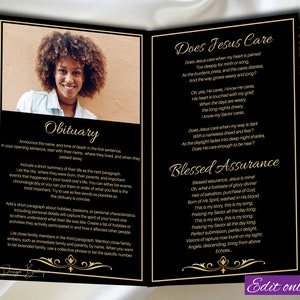 May include: Black and gold funeral program template with a photo of a young woman and text that reads "Obituary", "Does Jesus Care", and "Blessed Assurance".
