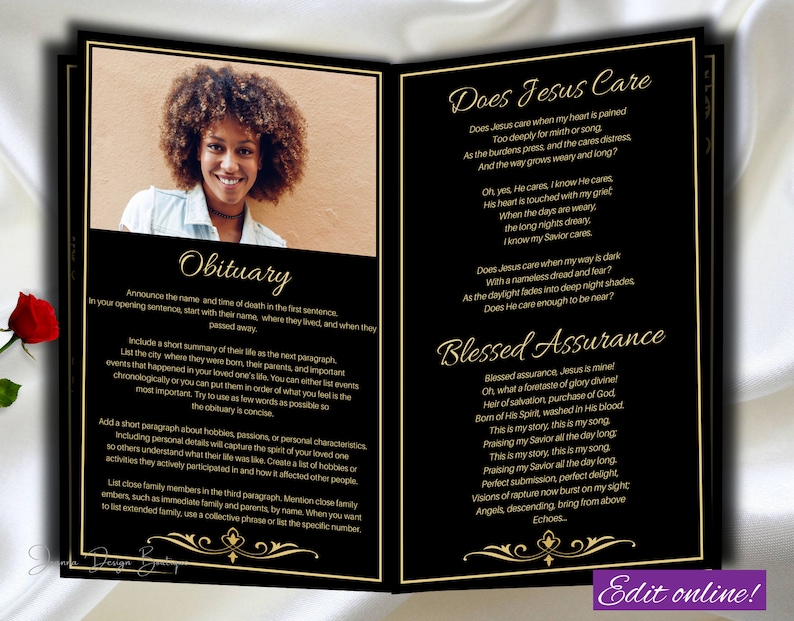 May include: Black and gold funeral program template with a photo of a young woman and text that reads "Obituary", "Does Jesus Care", and "Blessed Assurance".