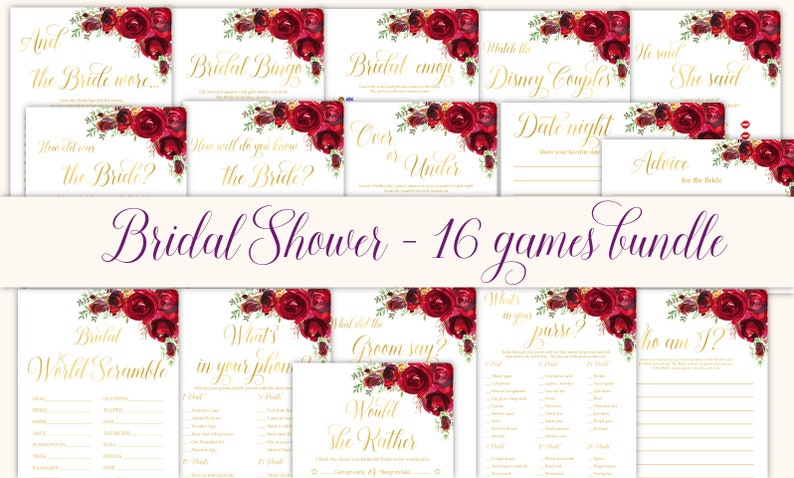 Bridal Shower games bundle Bridal Shower games package Red roses Bridal Shower games bundle gold Bridal shower games printable games set,16