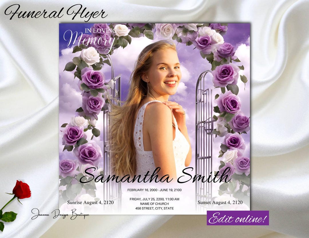 Purple Roses Funeral Announcement Flyer Memorial Invitation White Roses ...