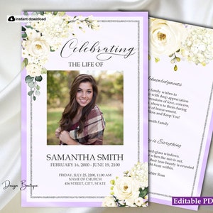 Könnte beinhalten: Eine violette und weiße Blumen-Gedenkkarte mit einem Foto einer Frau. Die Karte lautet "Celebrating the Life of Samantha Smith, February 16, 2000 - June 19, 2100. Friday, July 25, 2200, 11:00 AM, Name of Church, 456 Street, City, State."