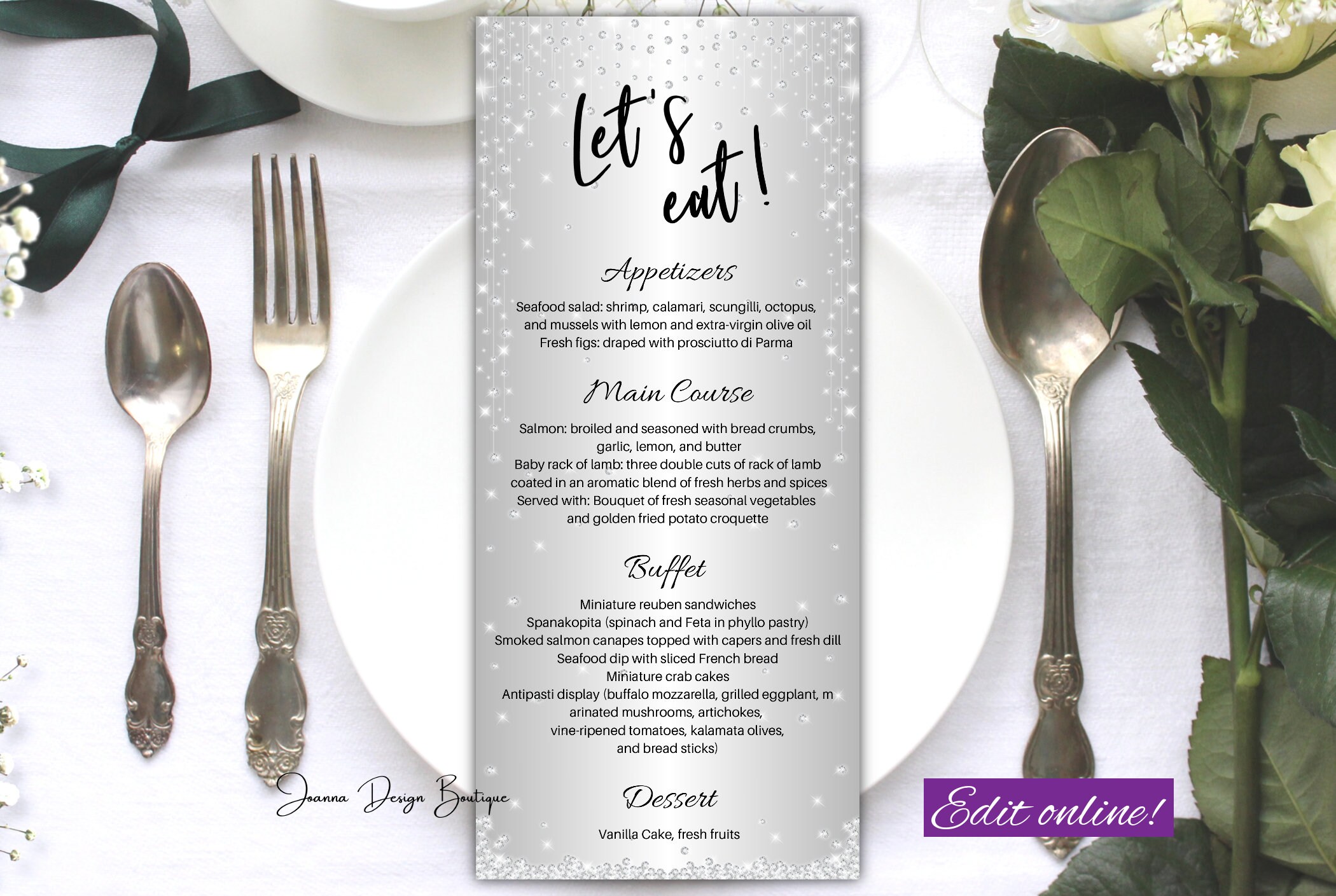 Diamonds Silver Let's Eat Menu Glamour Birthday Wedding Anniversary Menu Card Glitter Glamour Diamonds Shower Menu Card Rehearsal menu, 15