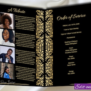 May include: Black and gold funeral program template with a decorative border. The program includes the order of service, a tribute section, and the date and time of the funeral.