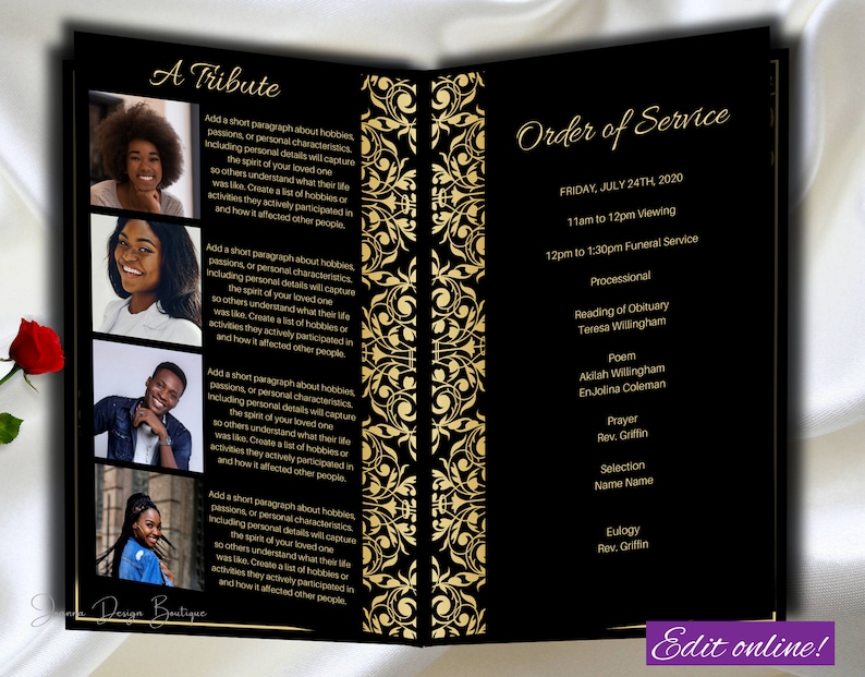 May include: Black and gold funeral program template with a decorative border. The program includes the order of service, a tribute section, and the date and time of the funeral.