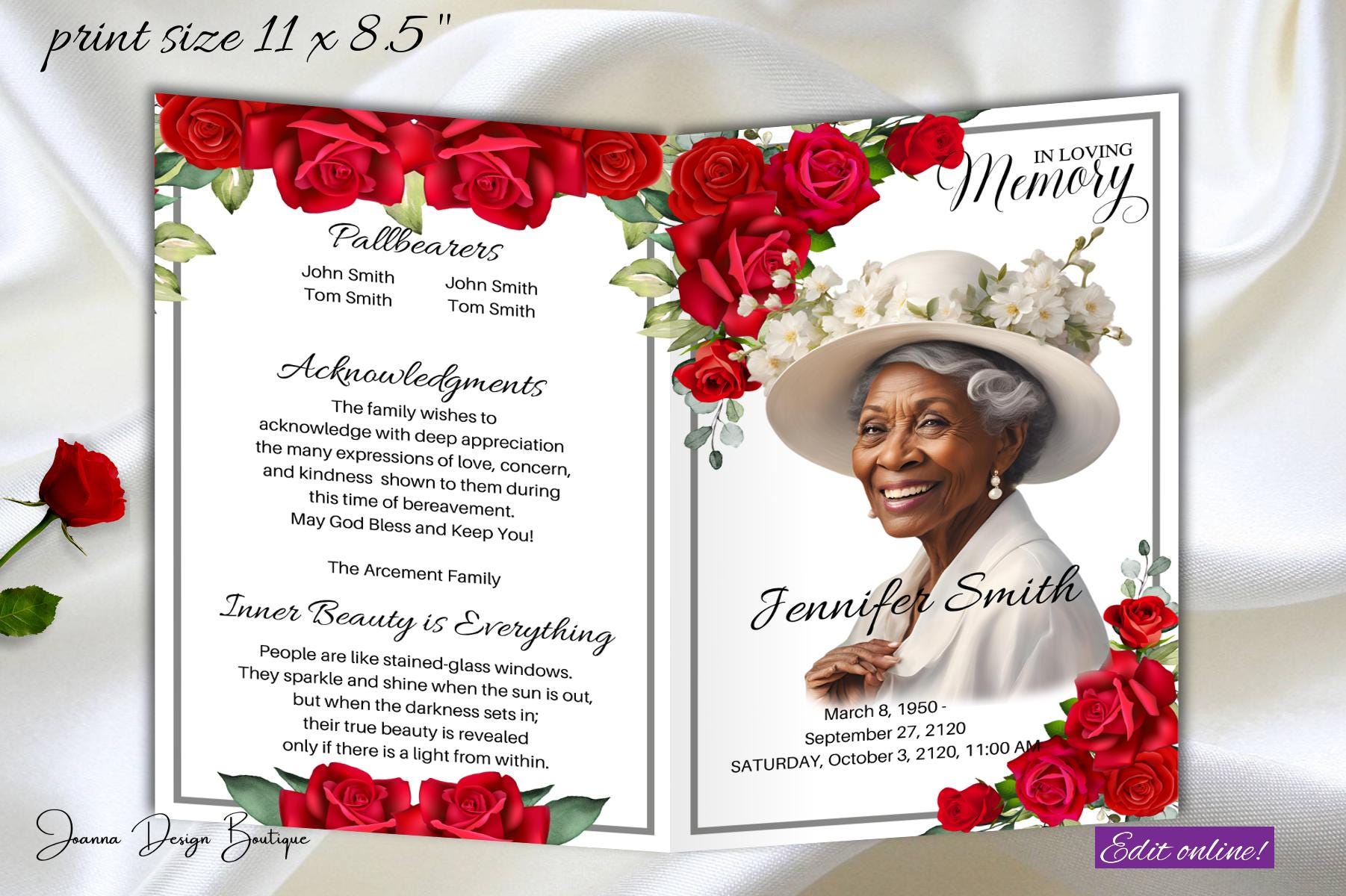 Red Roses Funeral Program Obituary Red Roses Silver Funeral Program