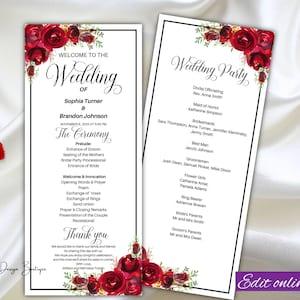 Red roses wedding program template tea length red flowers wedding program floral red wedding program red gold wedding program template,16