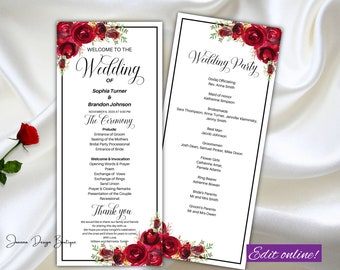 Red roses wedding program template tea length red flowers wedding program floral red wedding program red gold wedding program template,16