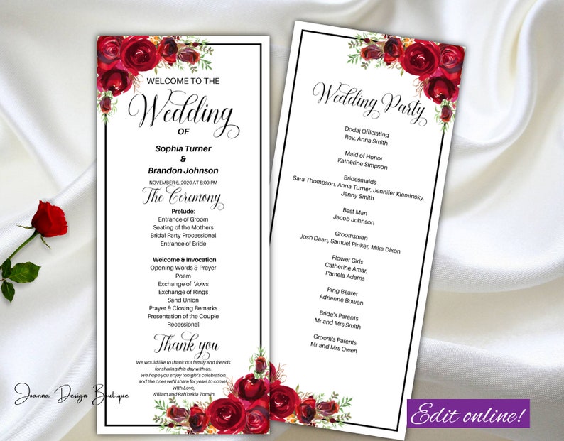 Red Roses Wedding Program Template Tea Length Red Flowers Wedding ...