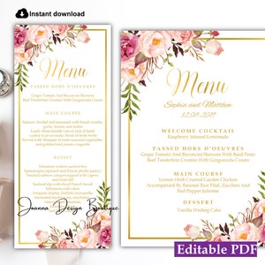 Floral blush menu cartes modèle blush carte de menu d'or blush carte de menu rose menu floral blush menus template blush fleurs menu de mariage,31g
