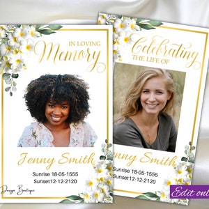 Pode incluir: Dois cartões de memória brancos com bordas douradas e detalhes florais. Os cartões mostram uma foto de uma pessoa e o texto "Em memória carinhosa" e "Celebrando a vida de". Os cartões também incluem o nome "Jenny Smith", as datas de nascimento e morte, e o texto "Joanna Design Boutique".