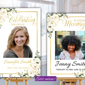 Memorial Sign Funeral Welcome Sign White Roses Funeral Welcome Poster Memorial Service Welcome Poster Obituary Sign Order of service, 123f