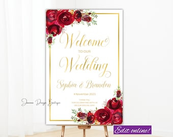 red roses Wedding welcome sign printable red flowers welcome Wedding sign printable gold welcome to our wedding sign wedding welcome sign,16