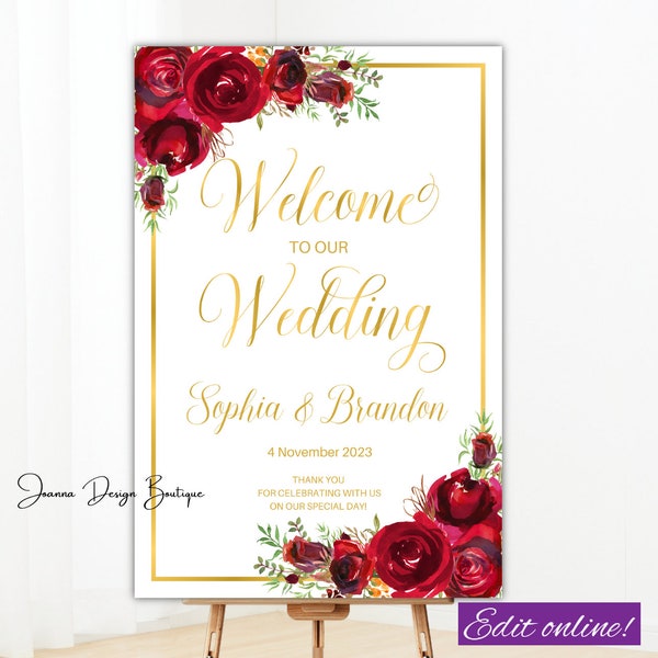 red roses Wedding welcome sign printable red flowers welcome Wedding sign printable gold welcome to our wedding sign wedding welcome sign,16