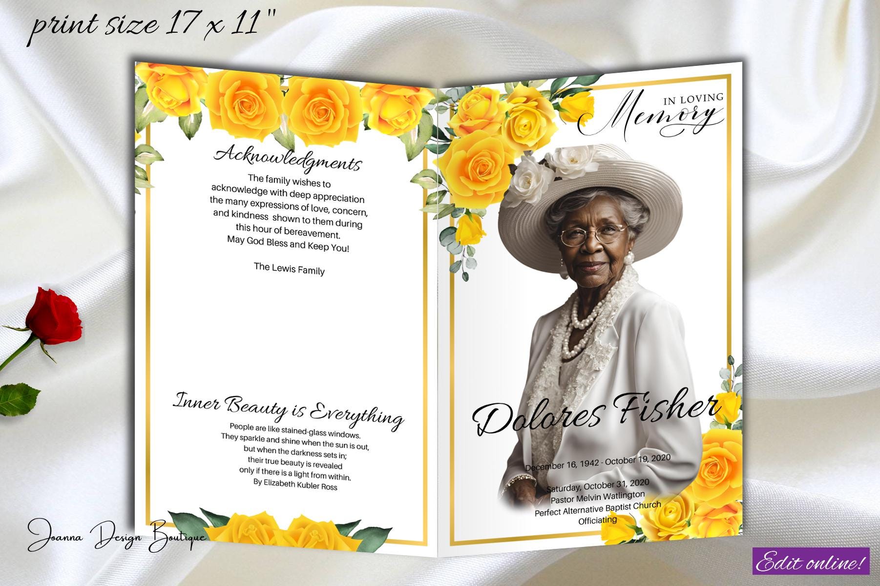 Yellow Roses Funeral Vector Yellow Roses Funeral Program Obituary Roses Memorial Service Program ...