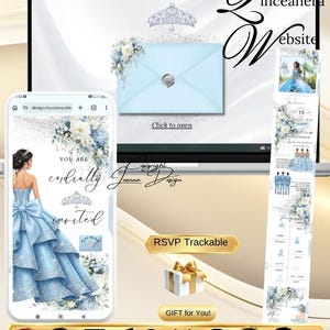 Puede incluir: Diseño digital para un sitio web de quinceañera, con un diseño de invitación azul claro con detalles florales. El diseño incluye un teléfono inteligente que muestra una invitación, una pantalla de computadora portátil y una caja de regalo. El texto incluye "RSVP Trackable" y "Gift for You!"