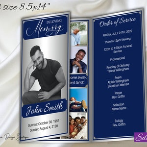 Może przedstawiać: Niebieski i srebrny program pogrzebowy ze zdjęciem mężczyzny i tekstem "In Loving Memory John Smith" oraz "Sunrise: October 30, 1957 Sunset: August 4, 2120". Program zawiera również kolejność ceremonii z datą "Friday, July 24th, 2020".