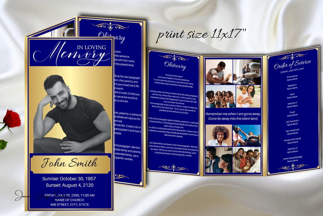 Navy Blue Funeral Obituary Program Template Trifold Navy Blue Gold
