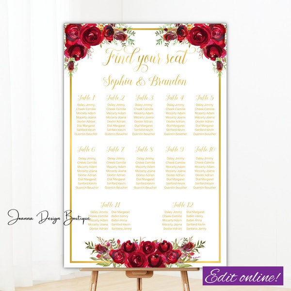 Red roses seating chart template red flowers wedding seating chart red roses table plan red gold seating chart floral red seating chart,16